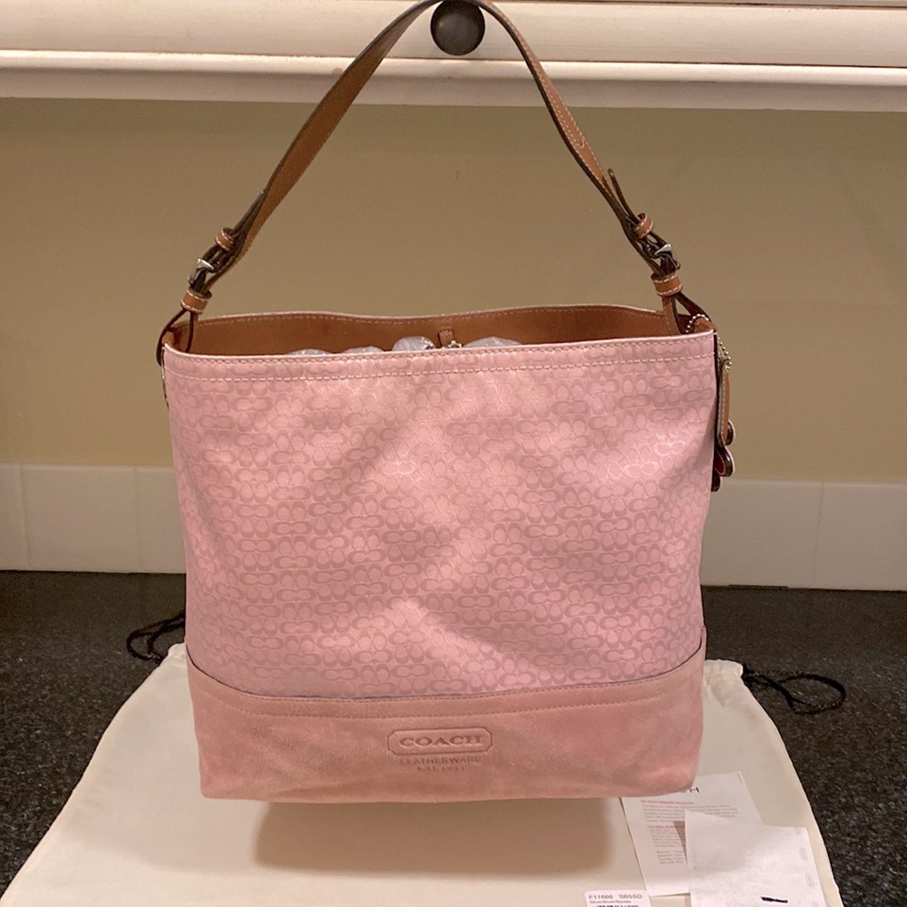 COACH Soft pink tiny C jacquard fabric & suede base w/ matching keychain. F11666
